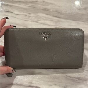 Prada Taupe / grey Saffiano Leather zip around Wallet